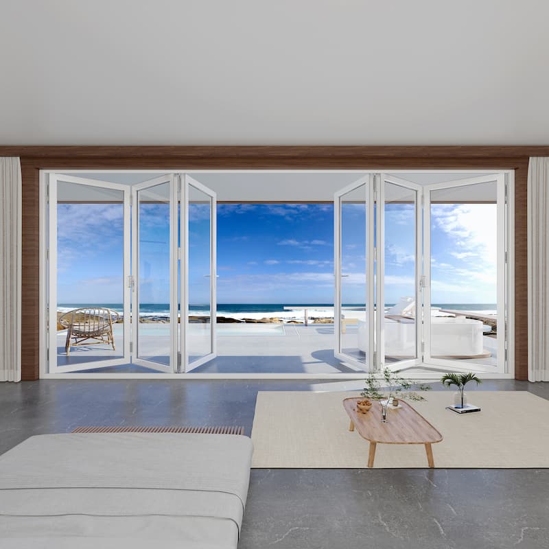 KaMic 192"×96" 6 Panels Aluminum Folding Door In White,Folded Out From Dual Open Model #:FD6PWH19296-DO