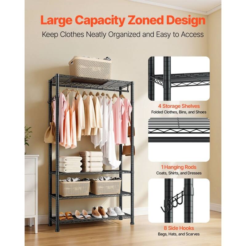 Black Carbon Steel Clothes Rack with 4 Adjustable Shelves 8 Hooks and Hanging Rod for Closet - 30 x 14.02 x 76.38 in