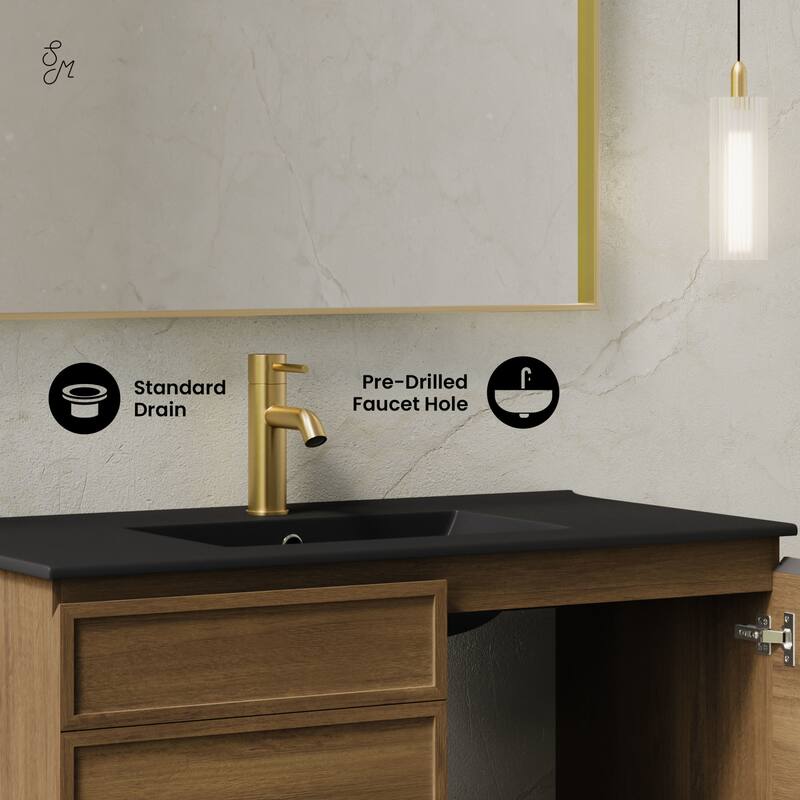 St. Tropez 36" Wall-Mounted Bathroom Vanity In Brown Oak With Black Sink Top - 36