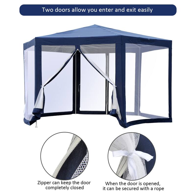Outsunny 13x13FT Hexagon Gazebo Party Tent with Mesh Screen for Garden Backyard, Blue