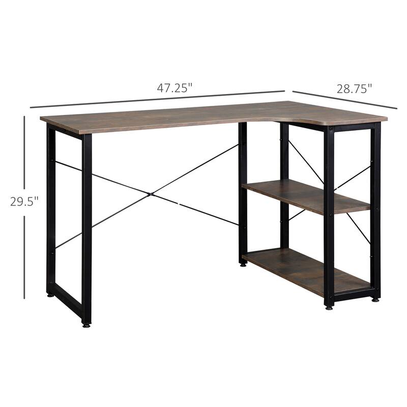 HOMCOM L-Shaped Computer Desk Home Office Corner Desk Study Workstation Table with with Wide Desktop, 2 Side Shelves, Steel