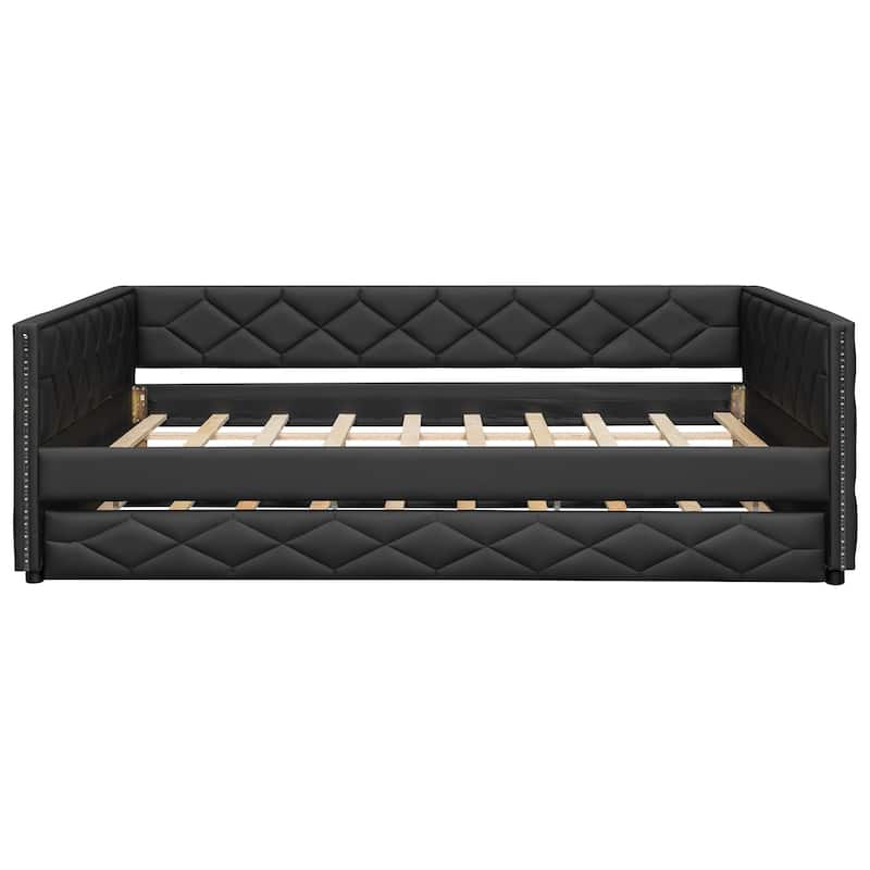Full XL Size Upholstered Daybed with Trundle Bed and LED Armrests, Rhombic Blocks Frame Sofa Bed, U-shape Bed Frame