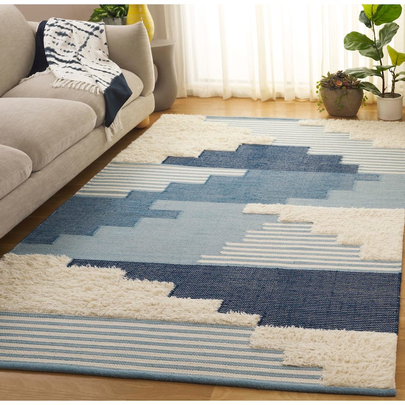 SAFAVIEH Handmade Kenya Margrith Modern Tribal Wool Rug - 4' x 6' - Blue/Ivory