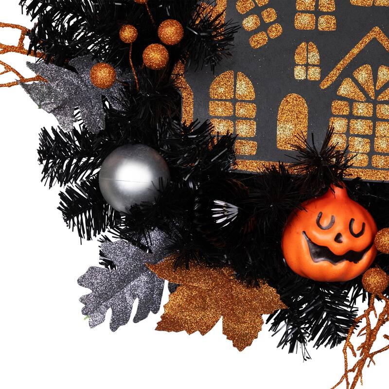 Glittered Haunted House Artificial Halloween Wreath - 24" - Unlit