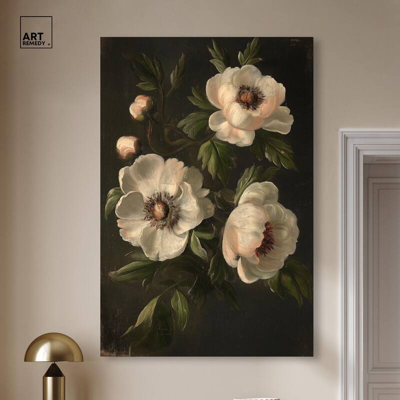 White Peonies in Dark I Canvas by Art Remedy, Gallery Wrapped