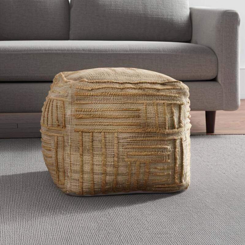 HomeRoots 18" Natural Jute Blend Cube Striped Pouf Ottoman - Natural - 18' X '18' X '18
