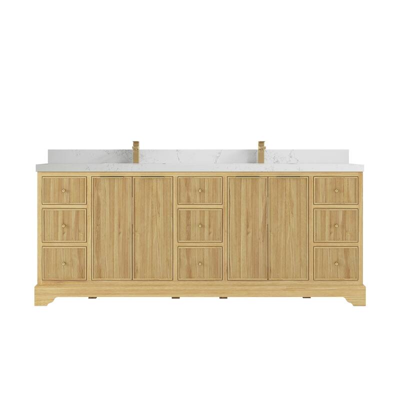 Willow Collections 84 in. W x 22 in. D Austin Solid Teak Wood Double Sink Bathroom Vanity with Countertop - 2"Empira White - Light Natural
