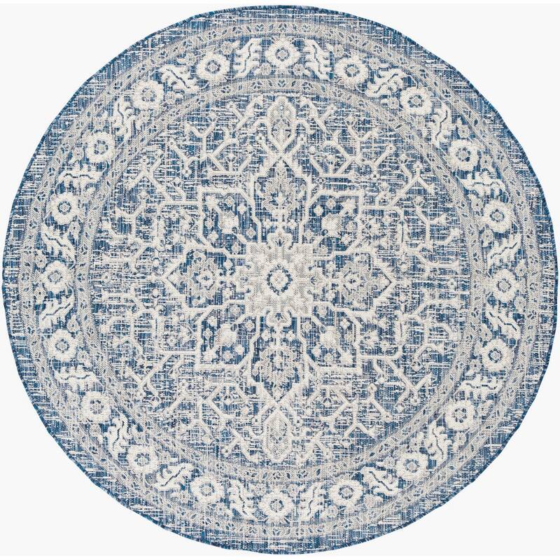 Livabliss Eagean Traditional Indoor/Outdoor Area Rug - 6'7" x 6'7" Round - Navy