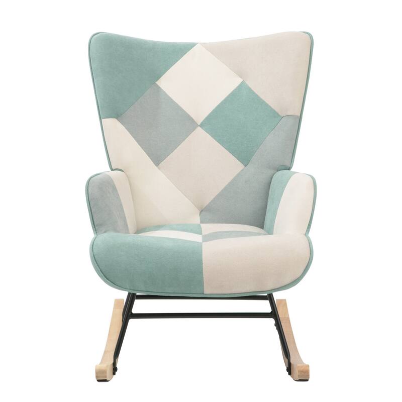 Modern Living Room Patchwork Linen Fabric Rocking Chair with Wood Legs