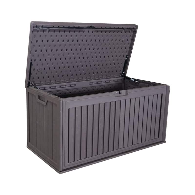 Brown Resilient Resin Storage Deck Box with Hydraulic Lid and Side Handle and for Home Terrace and Garden