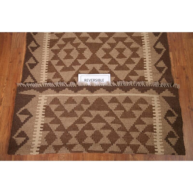 Brown Kilim Oriental Area Rug Flat-weave Wool Foyer Carpet - 3'2" x 4'9"