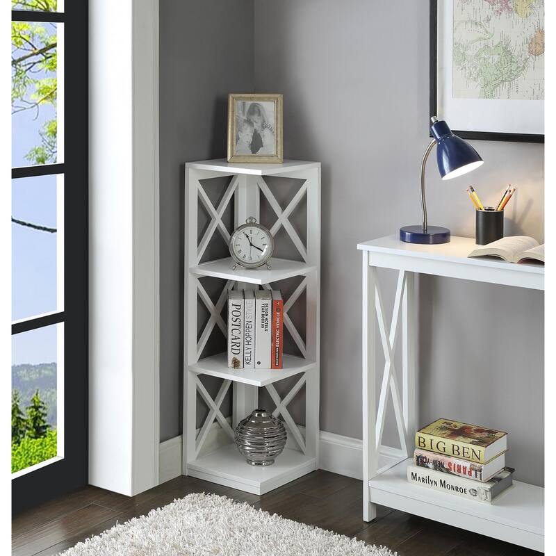 3 Tier Corner Bookcase - Medieval Style Display Shelf, "X" Design, 12x12x38.5", Home, Office Storage