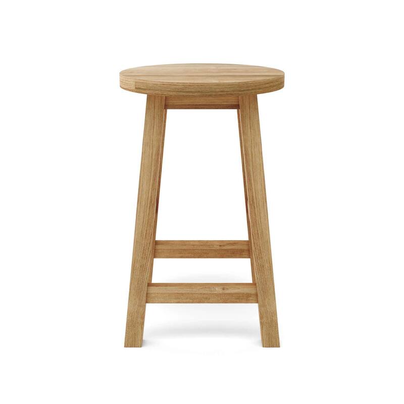 Natural Teak Wooden Counter Height Bar Stool with Round Alpine Inspired Seat, Stylish Modern Kitchen Bar Seating