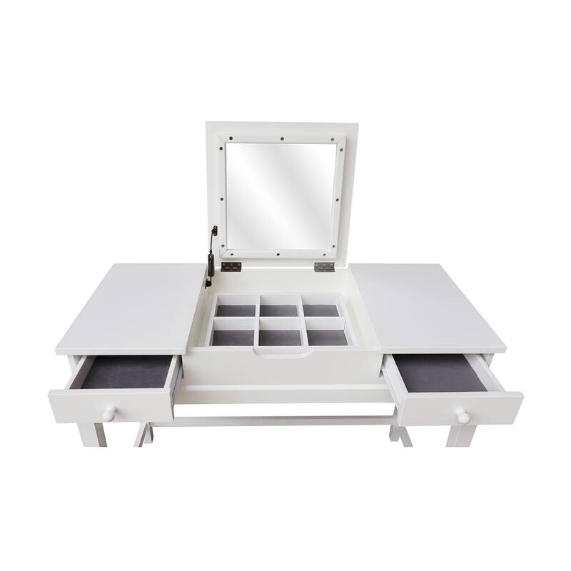 Solid Wood Vanity Table with Vanity Bench (Snow White Finish)