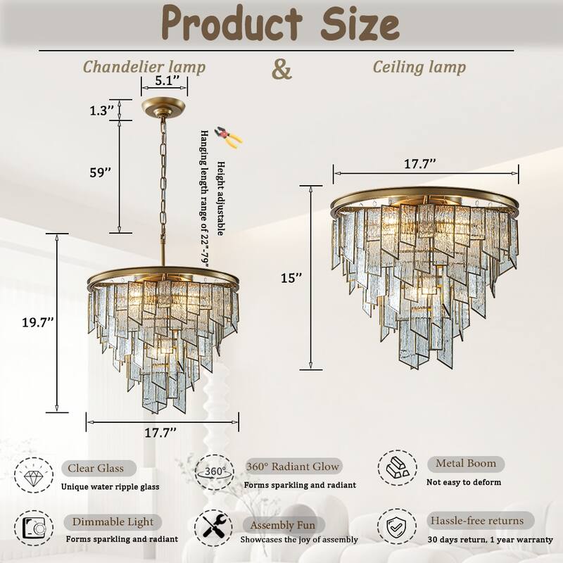 6-Light Luxury Water Ripple Glass Flush Mount Modern Brass Frame Lighting Fixture for Dining Room Living Room and Kitchen Island