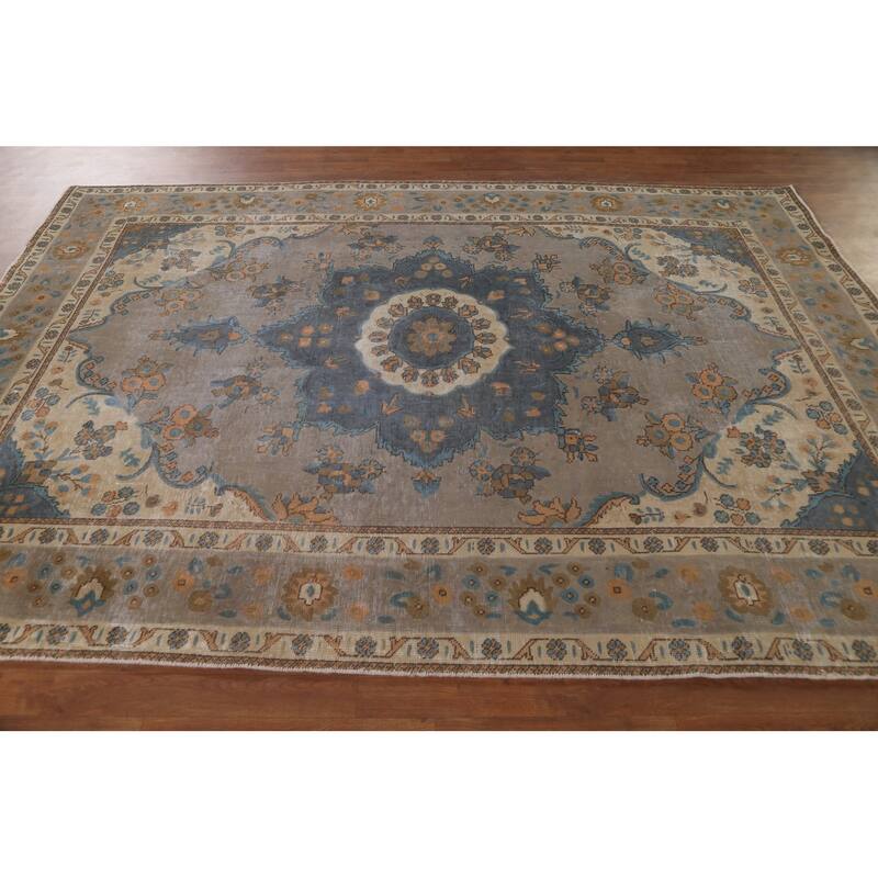 Distressed Brown Over-Dyed Tabriz Persian Vintage Rug - 6'8"x 9'6"