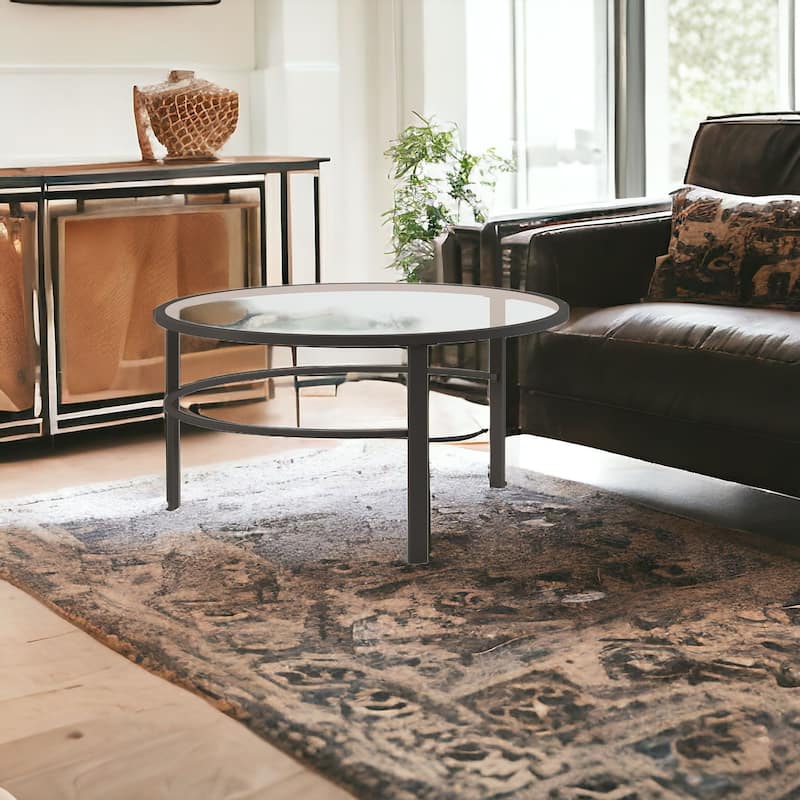 2 Piece Round Glass Nesting Coffee Table Set Clear Top and Black Steel Base for Living Room - 36"L x 36"W x 18"H