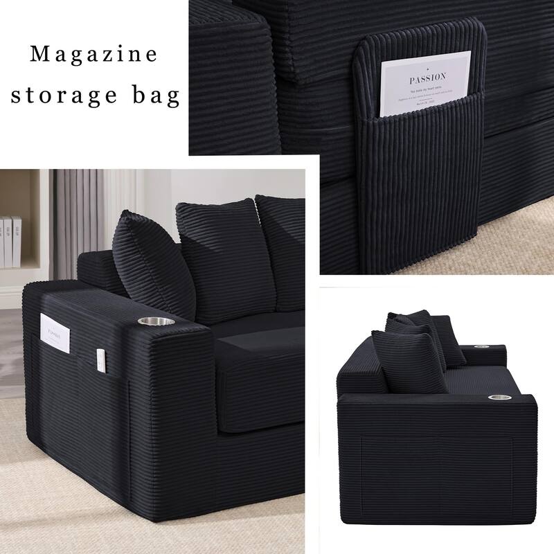Convertible Corduroy Sleeper Loveseat Sofa Bed 3 Seater Floor Folding Couch with 5 Pillows, Cup Holders and Side Pockets