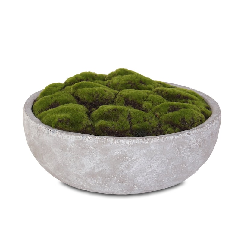 Artificial Fake Moss Arrangement in Round Stone Wash Cement Bowl - 14.5W x 14.5D x 2H