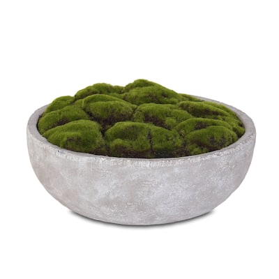 Artificial Fake Moss Arrangement in Round Stone Wash Cement Bowl - 14.5W x 14.5D x 2H