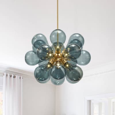 18-Light Cluster Blue Glass Bubble Chandelier - 25in Wide Gold