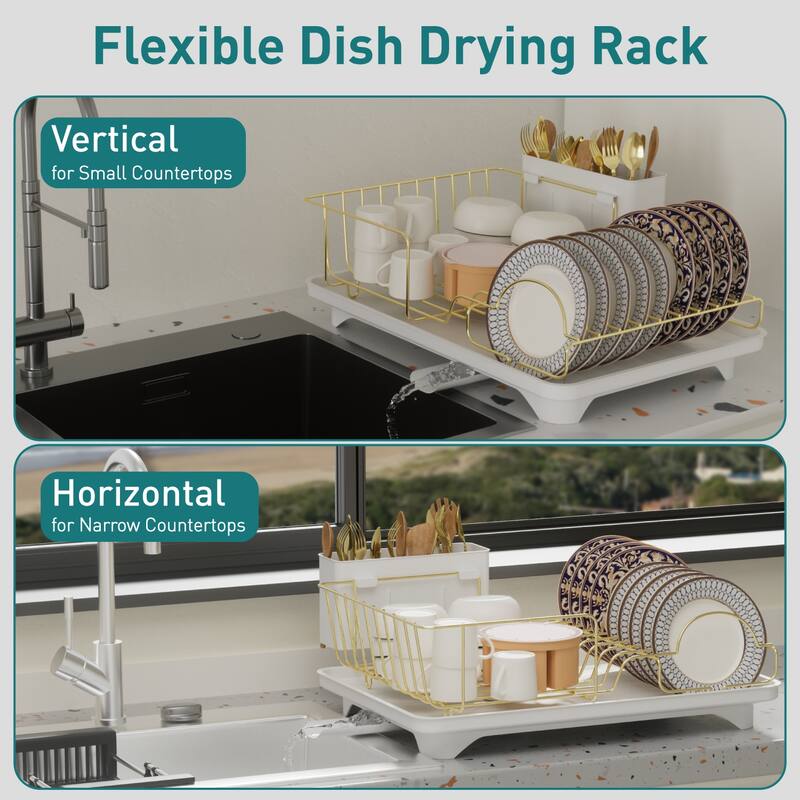 Dish Drying Rack for Kitchen Countertop, Gold Stainless Steel Dish Drainer with Drain Board, Utensil Holder & Anti-Slip Feet