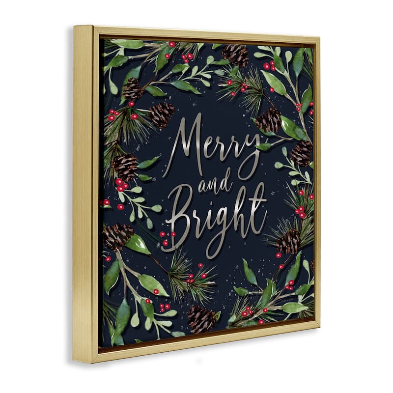Stupell Merry & Bright with Holly Leaves Framed Floater Canvas Wall Art Design By Elizabeth Tyndall