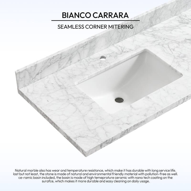 Zevio Natural Marble Vanity Top in Carrara White with Ceramic Sink