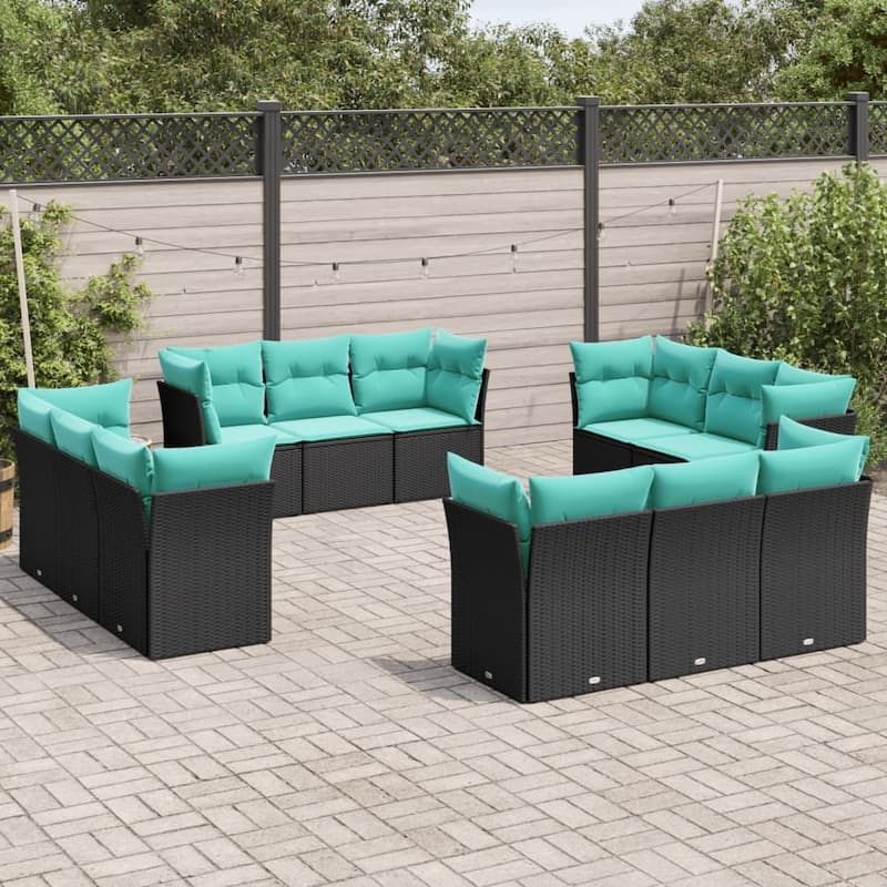 vidaXL 12 Piece Patio Sofa Set with Cushions Black Poly Rattan - 70.x27.2x24.4-Without table