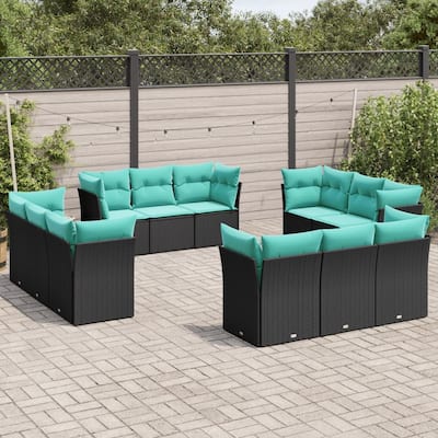 vidaXL 12 Piece Patio Sofa Set with Cushions Black Poly Rattan