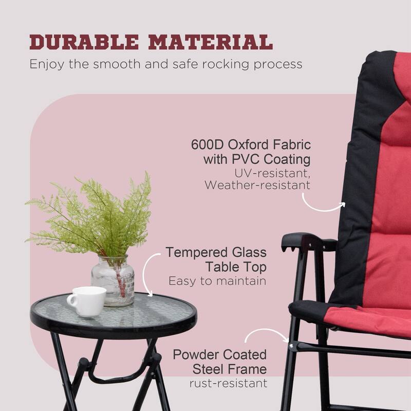 3 Piece Outdoor Patio Furniture Set with Glass Coffee Table & 2 Folding Padded Rocking Chairs for Porch, Camping, Balcony