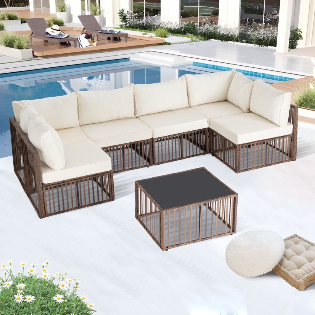 7-Piece Wicker Patio Conversation Set with Cushions,6 Sofas, 1 Table