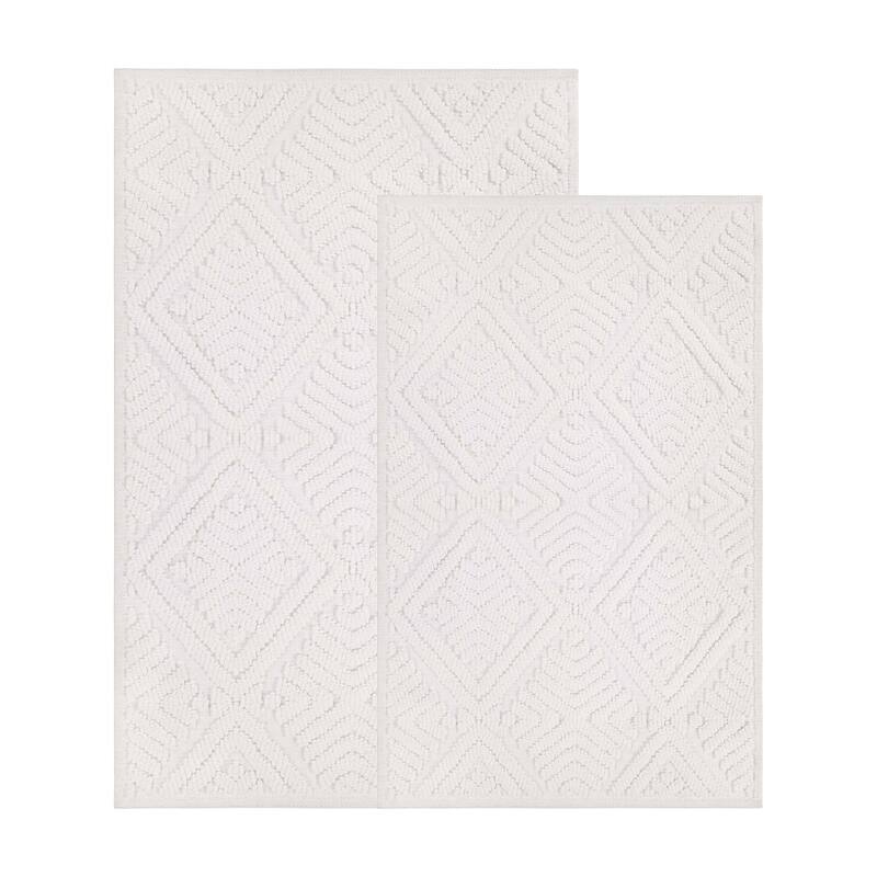 Superior Ceton Geometric Washable Bath Rug, Set of 2 - Large - White