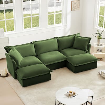 3-Seater Slipcovered U-Shape Sectional Deep Seat Sofa Couch with 2 Ottomans