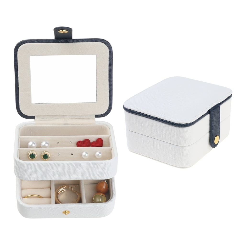 2 Layer Jewelry Box with Mirror for Women, PU Leather Jewelry Organizer Case Storage Display Holder, Removable Jewelry Tray