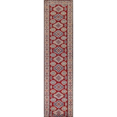 Red Traditional Kazak Oriental Runner Rug Hand-Knotted Wool Carpet - 2'7" x 16'2"