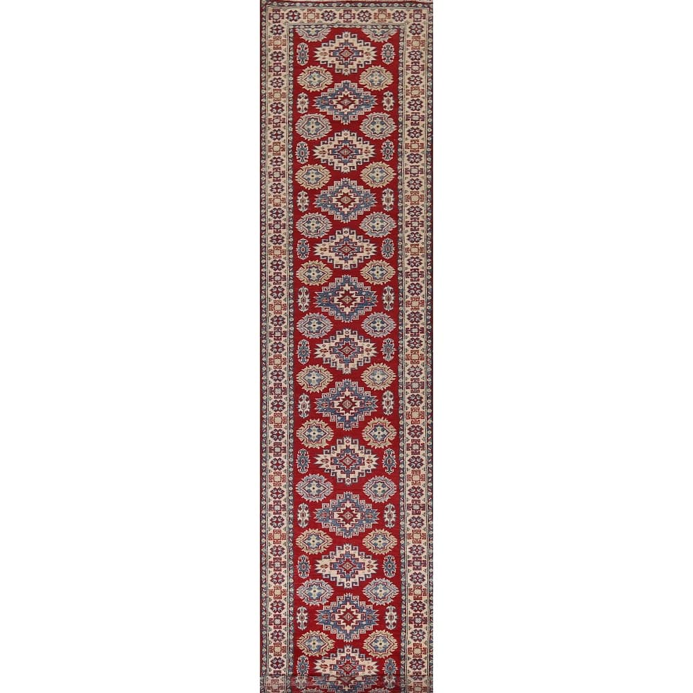 Red Traditional Kazak Oriental Runner Rug Hand-Knotted Wool Carpet - 2'7" x 16'2"