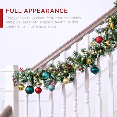 Pre-Lit Pre-Decorated Garland w/ PVC Branch Tips, 50 Lights - 9ft - Green