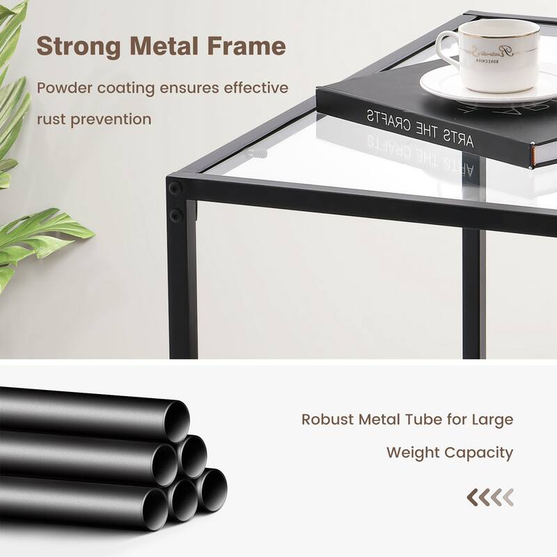Costway Glass Coffee Table 27.5 Inch 2-Tier Square with Mesh Shelf - See Ddetails