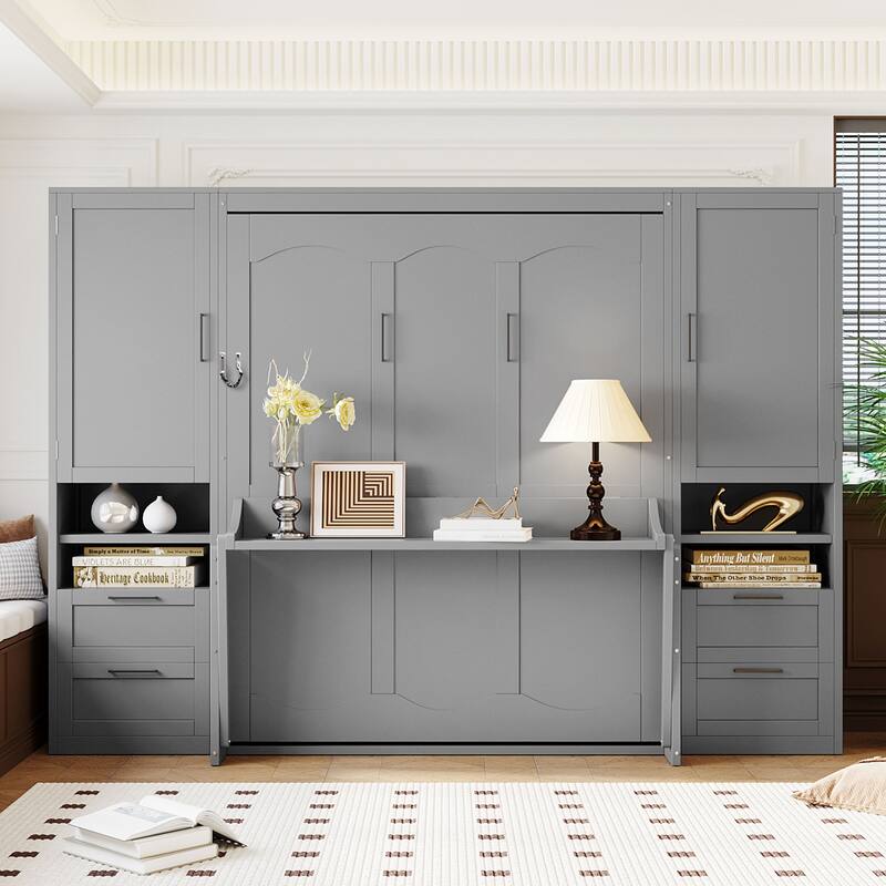 Roomfitters Full/Queen Size Murphy Bed Wall Bed with Shelves, Wardrobe and Lighting - Gray - Queen