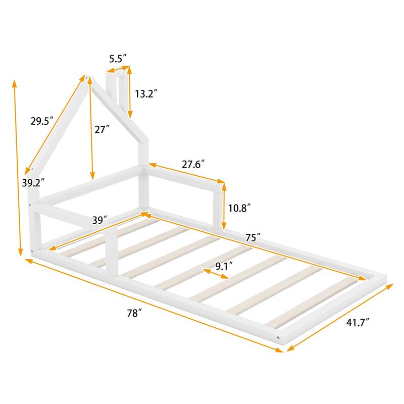 Full Size House Headboard Floor Bed, No Box Spring Needed, Durable Wood Frame