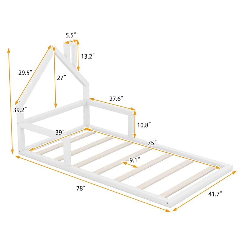 Twin Pine Floor Bed with House Headboard