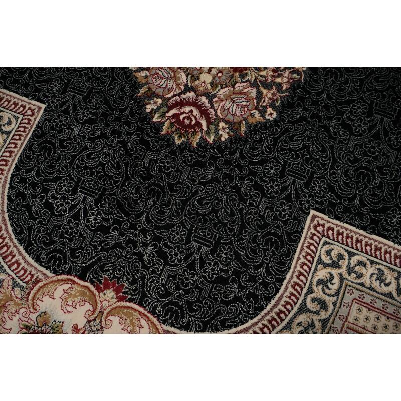 Machine Made Oriental 90% Silk - 10% Polyester Carpet Traditional Medallion Navy Blue & Blues Qum Area Rug - 9' 10'' X 6' 6''