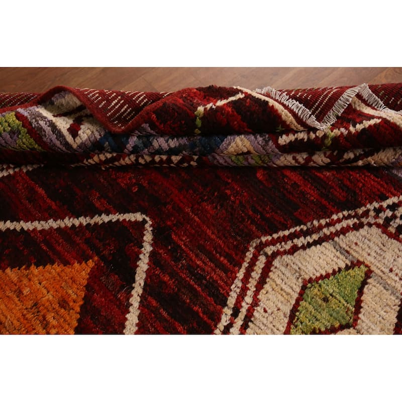 Red Geometric Moroccan Area Rug Hand-Knotted Wool Carpet - 6'10" x 9'9"