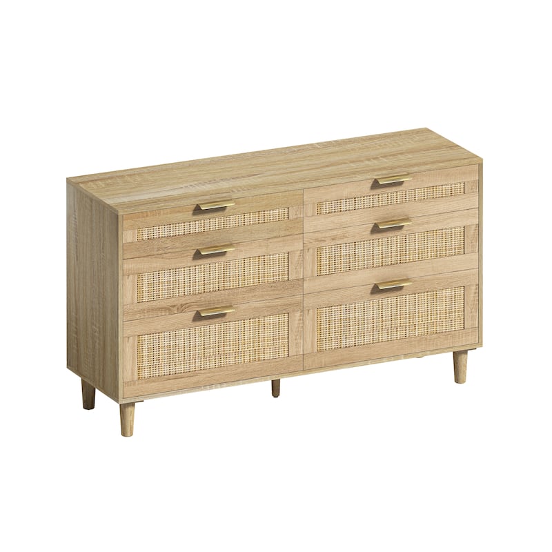 Anmytek Rattan 6 Drawer Dresser with Gold Handles Bohemian Bedroom Storage Chest