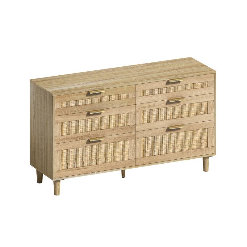 Mid-Century Modern Rattan Dresser, 6-Drawer Wicker Bedroom Dresser, Storage Cabinet with Metal Handles & Wood Legs