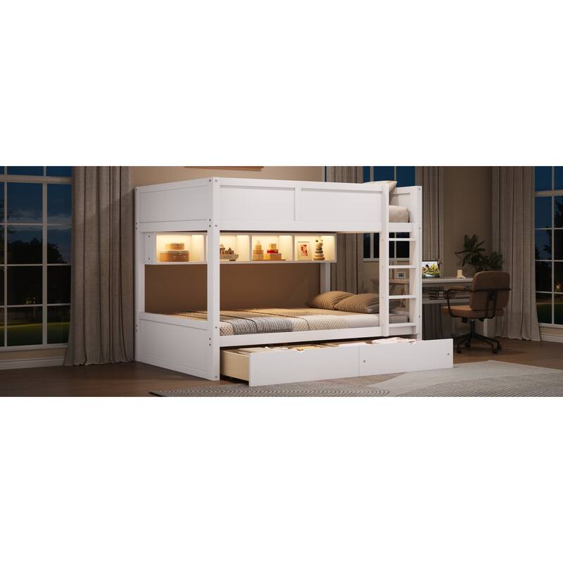 Roomfitters Full XL Over Full XL Bunk Bed with Storage Cabinets, LED Light and Drawers