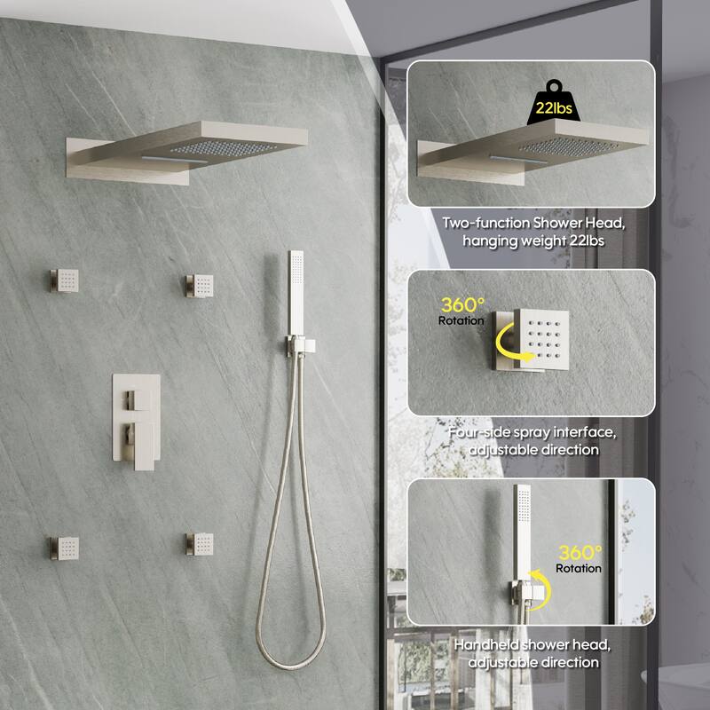 3-Function Shower System With 22" Rectangle Shower Head,Body Jets And Hand Shower(Valve Included)