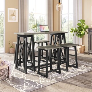 5-Piece Rustic Solid Wood Counter Height Dining Set, Wood Console Table