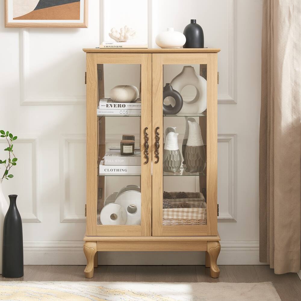 Elegant Light Oak Curio Cabinet Tempered Glass LED Light Mirrored Back Adjustable Shelves